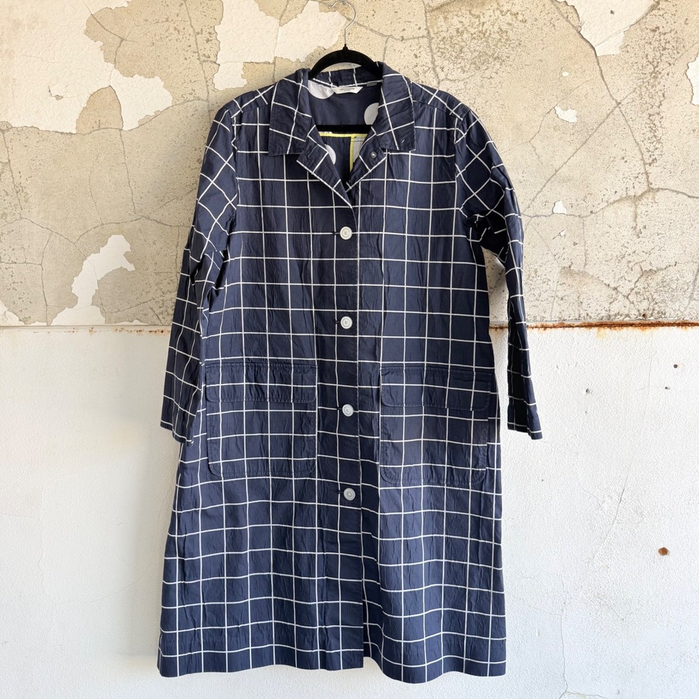 Windowpane Duster Jacket Long Navy Plaid Chore Coat Liz Claiborne Womens XL